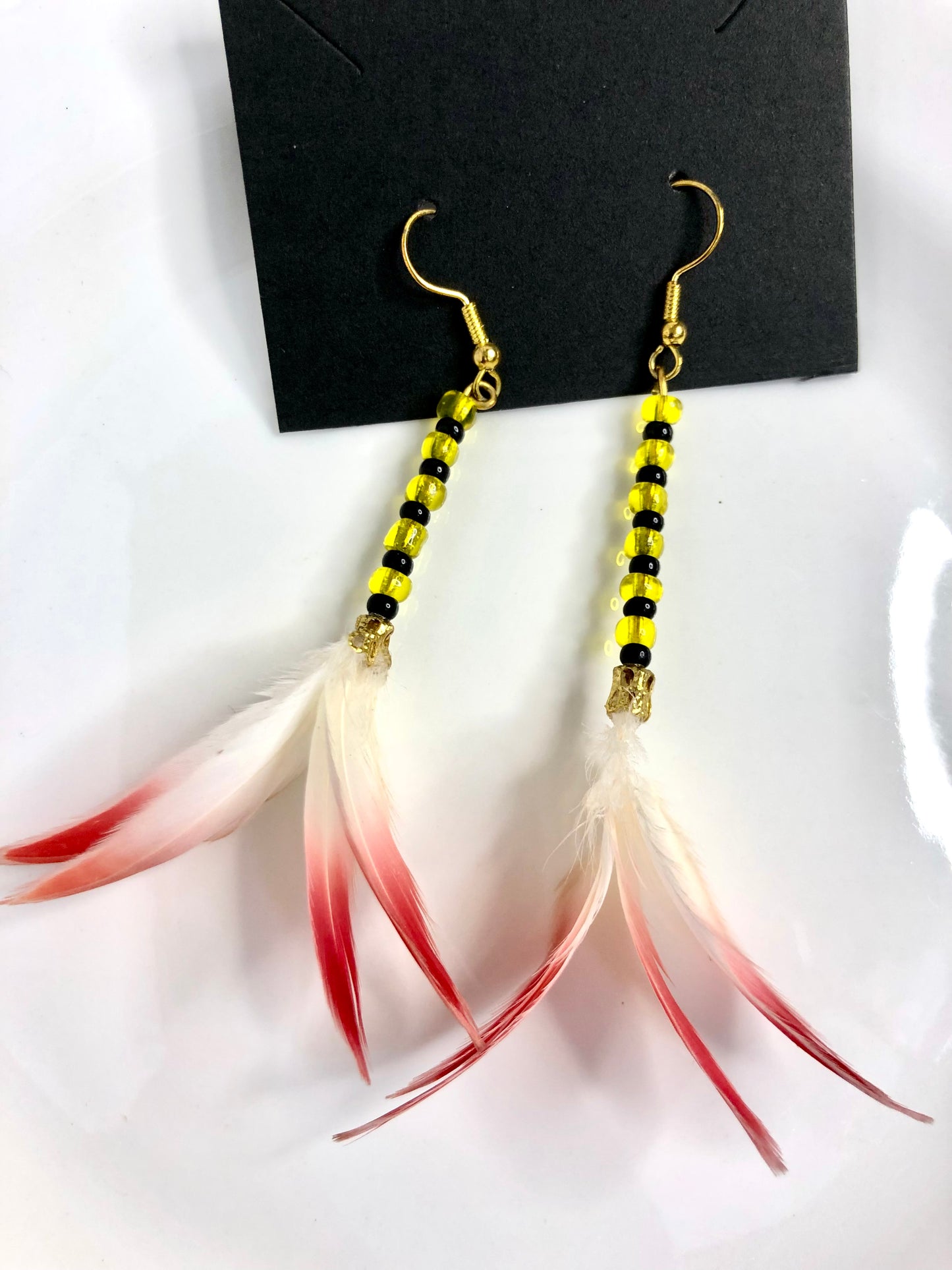 Black and Yellow beads Feather earrings