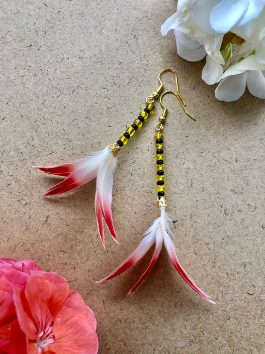 Black and Yellow beads Feather earrings