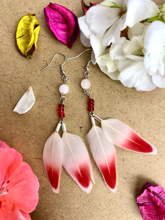 Flamingo feather earrings with rose quartz bead $25