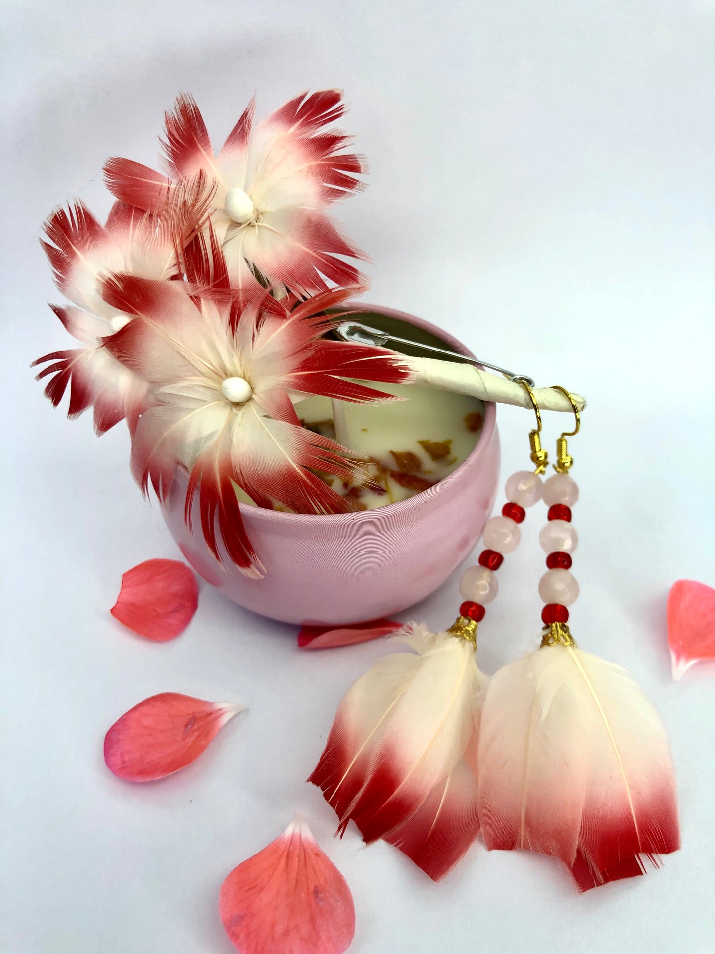 Flamingo Feather Trio Brooch and rose quatz Earrings