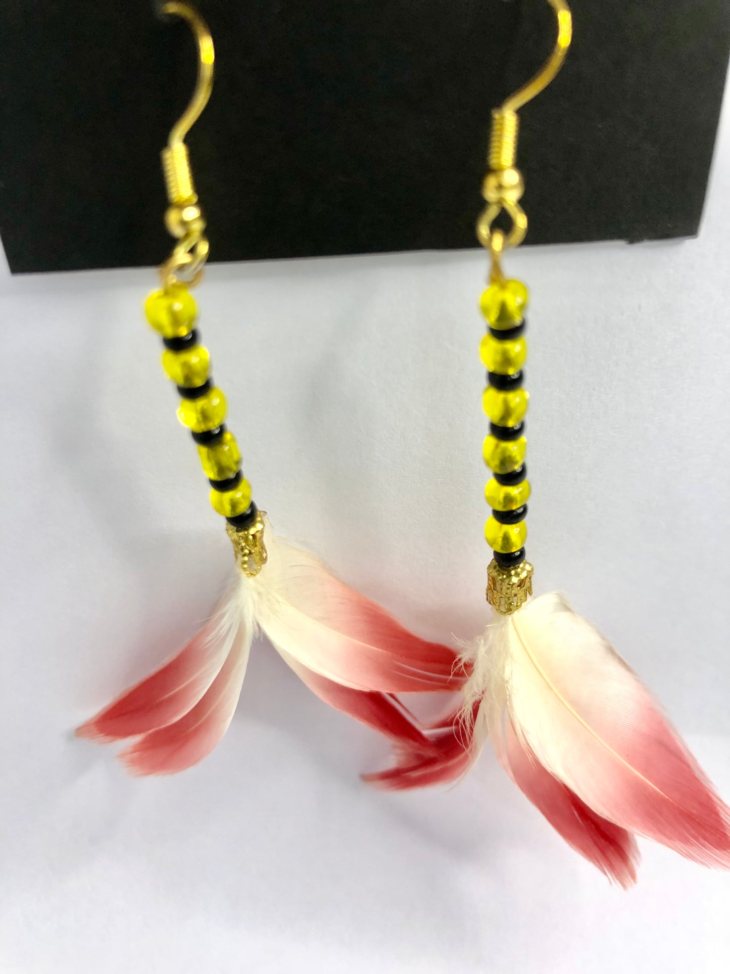 Black and Yellow beads Feather earrings