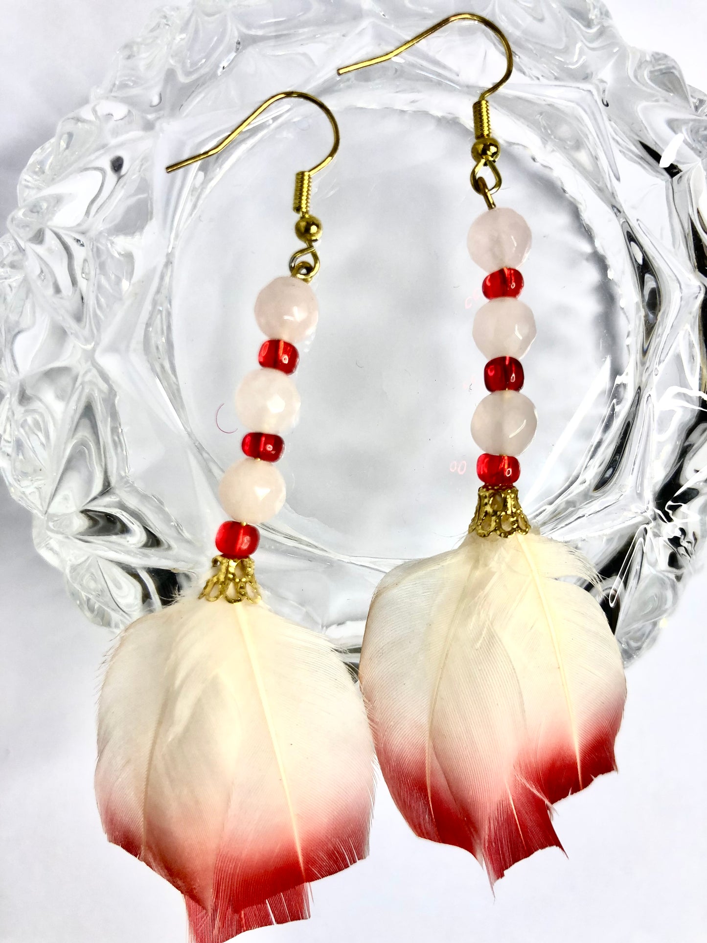 Rose quartz beads Feather Earrings