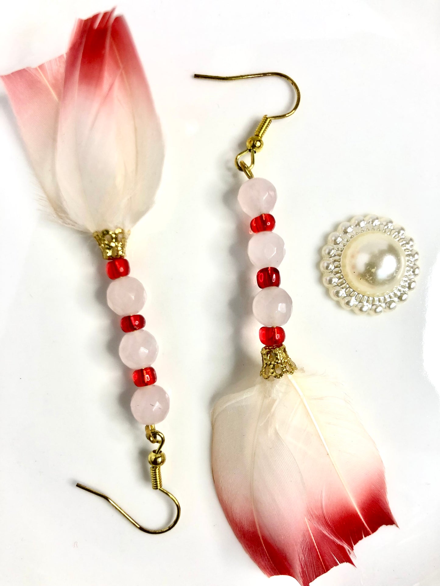 Rose quartz beads Feather Earrings